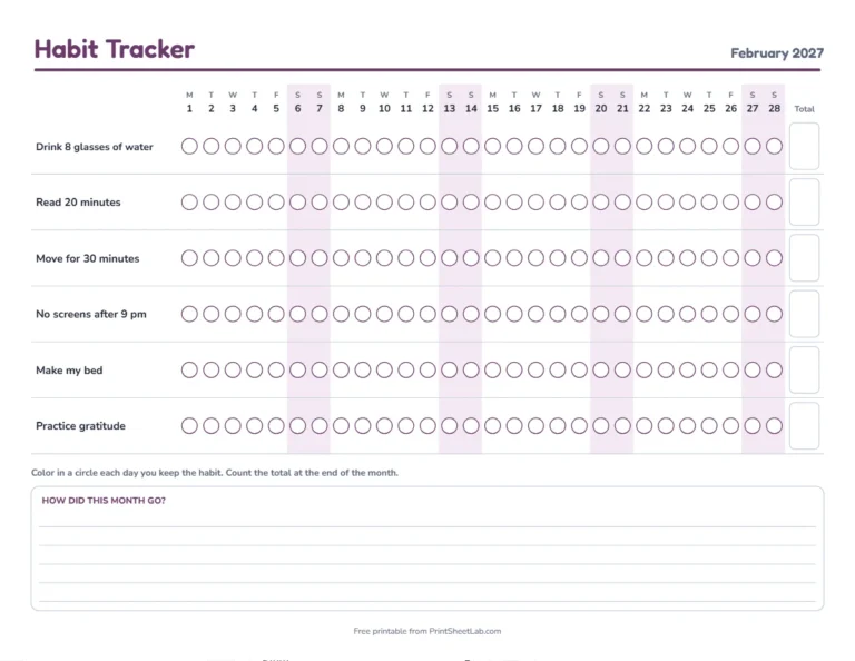 Monthly habit tracker for February 2027 in plum
