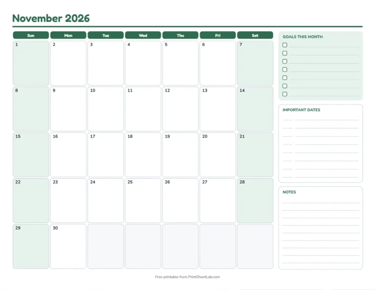 Printable monthly planner for November 2026 with goals, important dates and notes