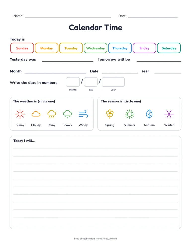 Morning meeting worksheet with Today I will planning lines