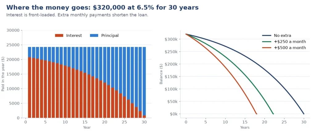 Chart for the mortgage calculator: principal and interest paid each year on a $320,000 loan at 6.5%, and loan balance with extra payments