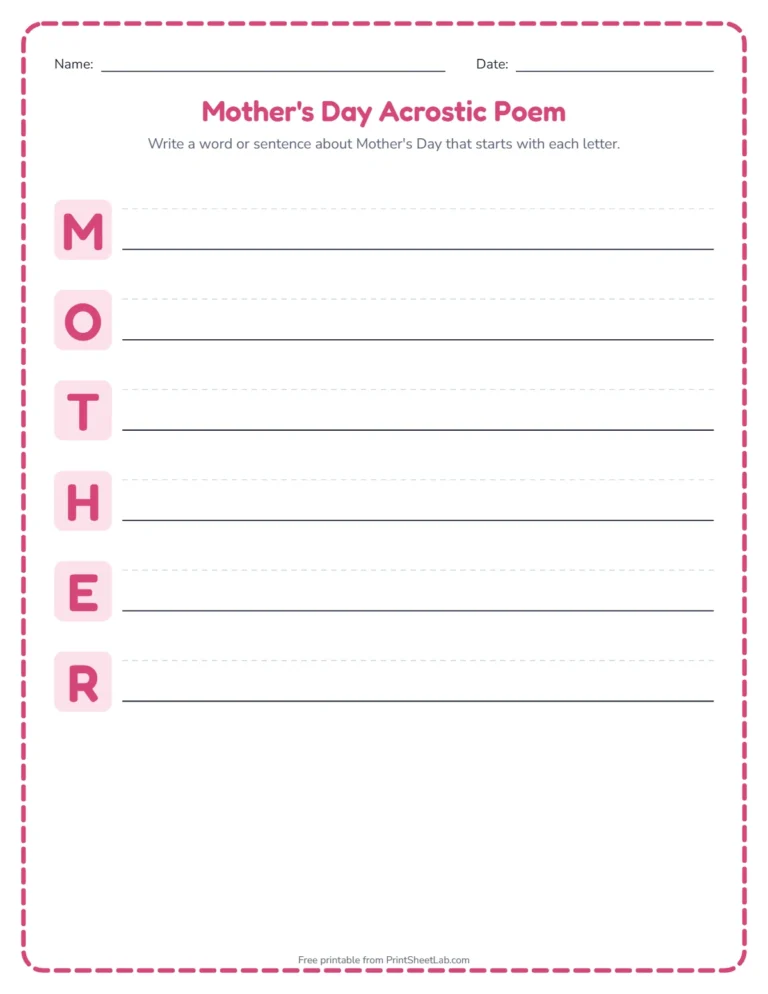 Mother's Day acrostic poem worksheet: write a word for each letter of MOTHER