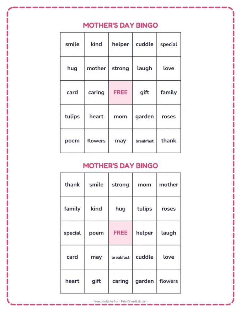 Mother's Day bingo printable: two different bingo cards with Mother's Day words