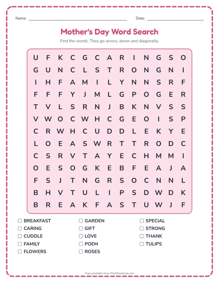 Mothers day worksheets: word search printable with Mother's Day words and a word list