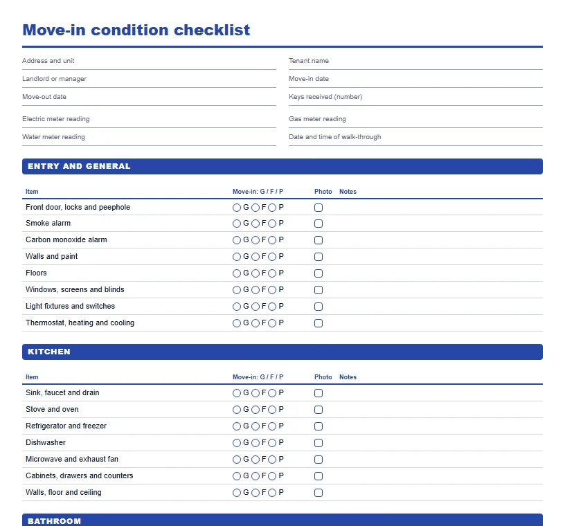 Move-in checklist printable for a studio apartment in blue with move-in condition circles, photo box and notes for each item