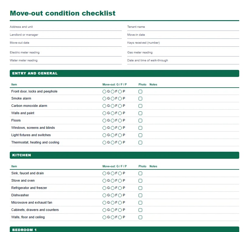 Move-out checklist printable for a three bedroom two bathroom home with move-out condition circles, photo box and notes for each item