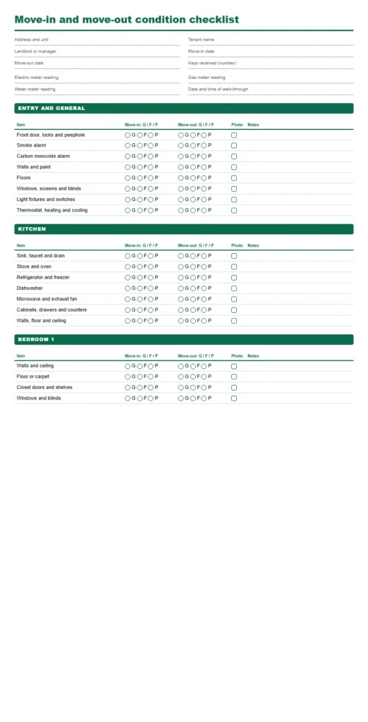 Move-in move-out checklist printable for a two bedroom one bathroom apartment with Good Fair Poor circles, a photo box and a notes column for each item