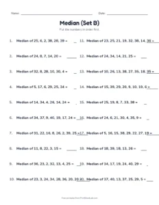Median (Set B) printable worksheet for grade 6