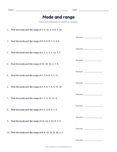 Mode and range printable worksheet for grade 6