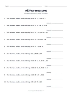 All four measures printable worksheet for grades 6 and 7