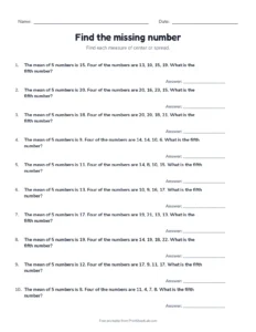 Find the missing number printable worksheet for grades 6 and 7