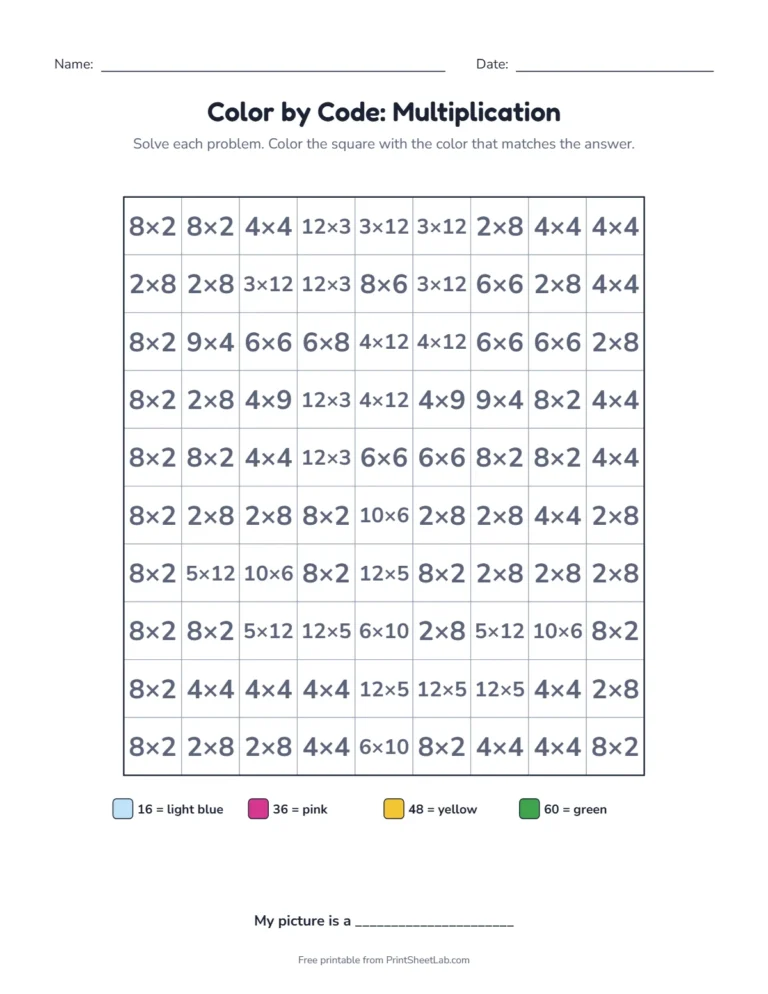 Multiplication color by code pixel art worksheet with products like 24, 36 and 48