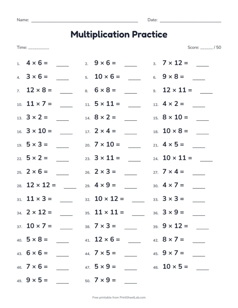 Timed multiplication facts drill with 50 problems