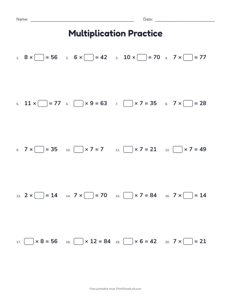 Multiplication worksheet with missing factors for the 7 times table