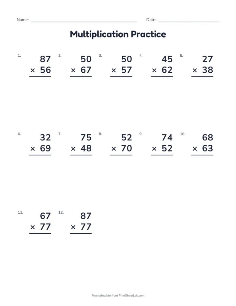 Printable multiplication worksheets: 12 two-digit by two-digit problems with room for working