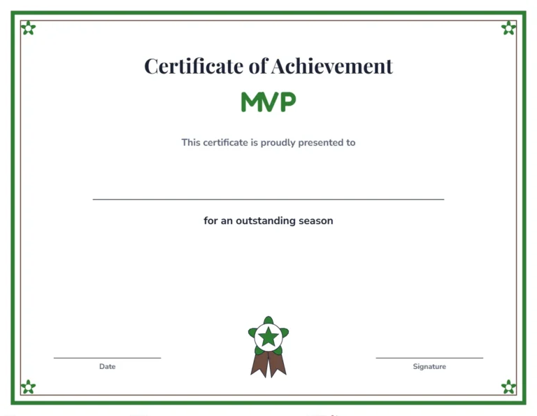 MVP sports award certificate with a classic border in forest colors