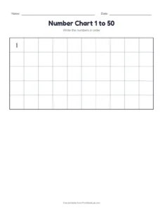 Blank number chart 1 to 50 printable worksheet for kindergarten