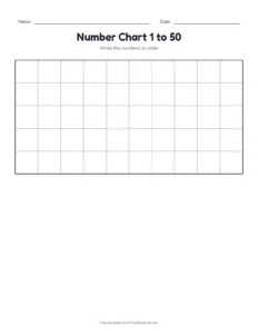 Blank number chart 1 to 50, no clues printable worksheet for kindergarten and grade 1