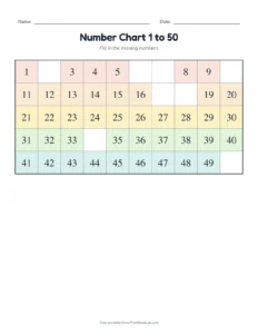 Missing numbers 1 to 50: a few printable worksheet for kindergarten