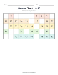 Missing numbers 1 to 50: some printable worksheet for kindergarten
