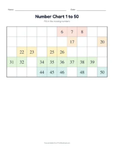 Missing numbers 1 to 50: many printable worksheet for kindergarten and grade 1