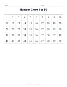 Number chart 1 to 50, black and white printable worksheet for preschool and kindergarten
