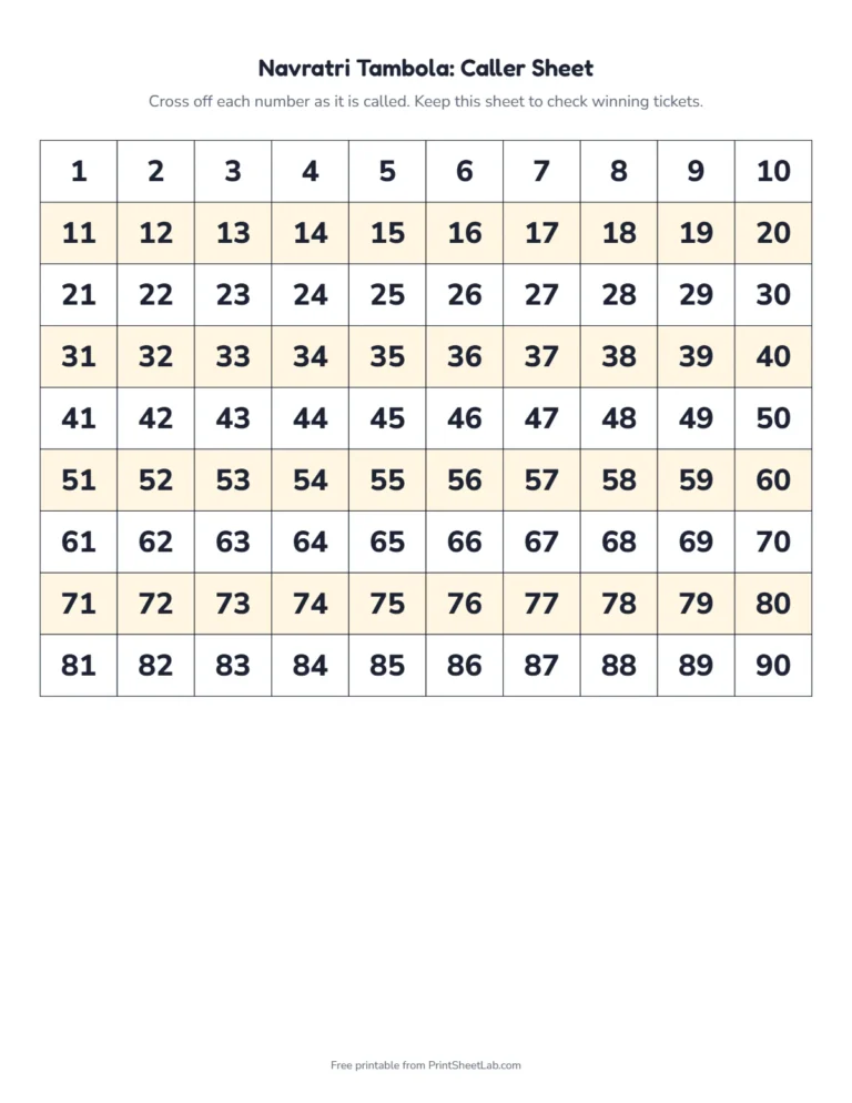 Navratri tambola caller sheet: a 1 to 90 number grid to cross off as you call