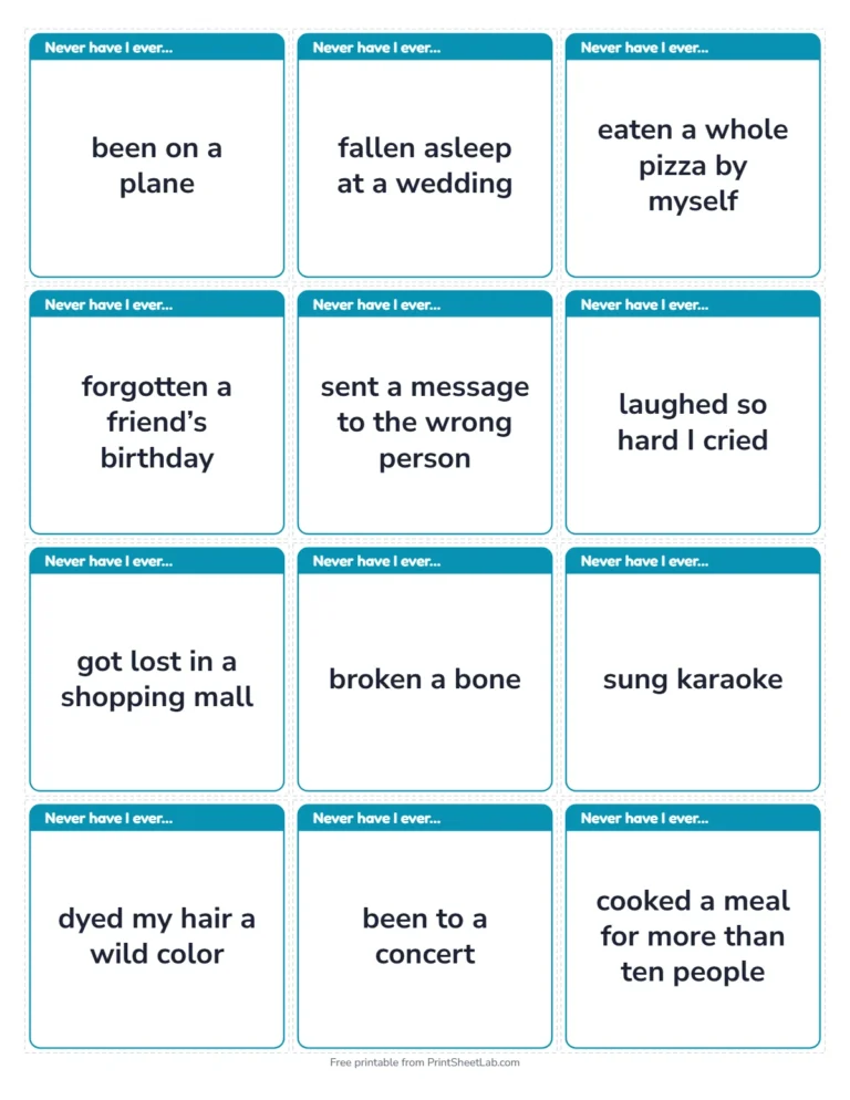 Never have i ever questions: printable cards, 12 on a page
