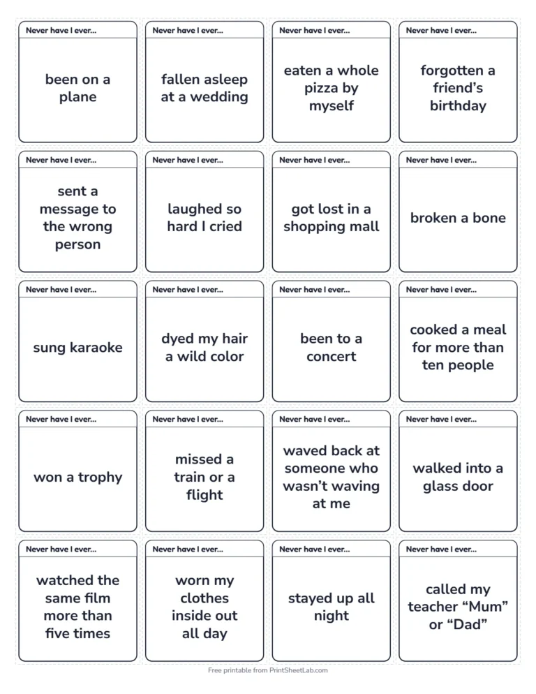 Never have I ever questions small cards in black and white, 20 on a page