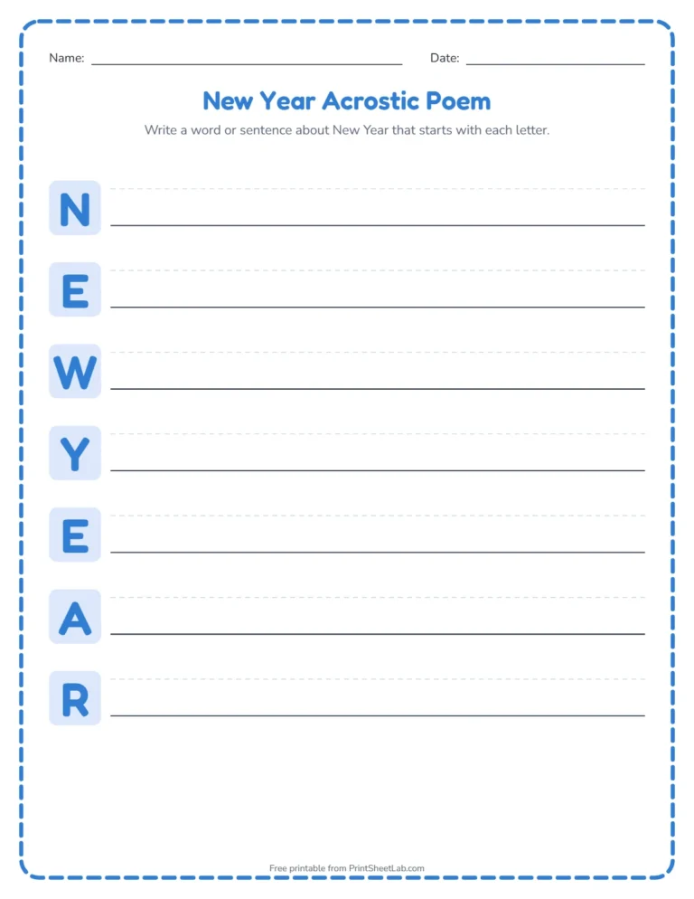New Year acrostic poem worksheet: write a word for each letter of NEW YEAR