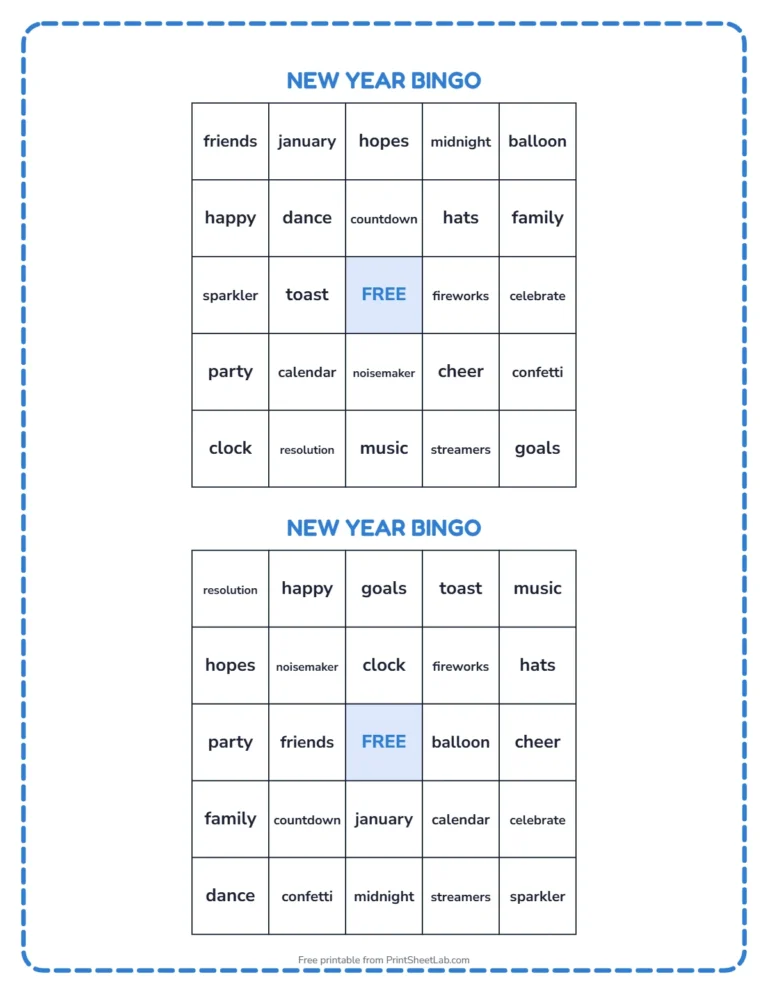 New Year bingo printable: two different bingo cards with New Year words