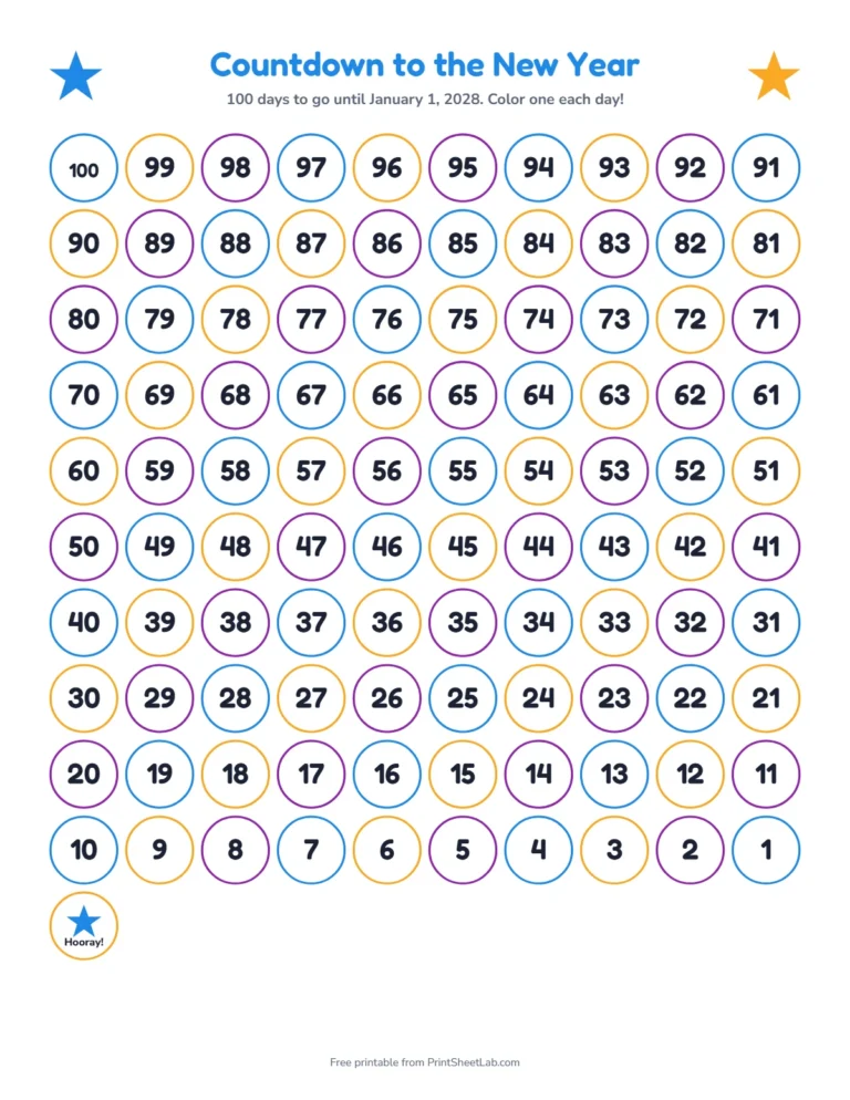 Printable countdown chart with 100 days to the New Year