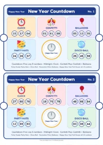 New Year Countdown Tambola picture tambola tickets with themed prize sections