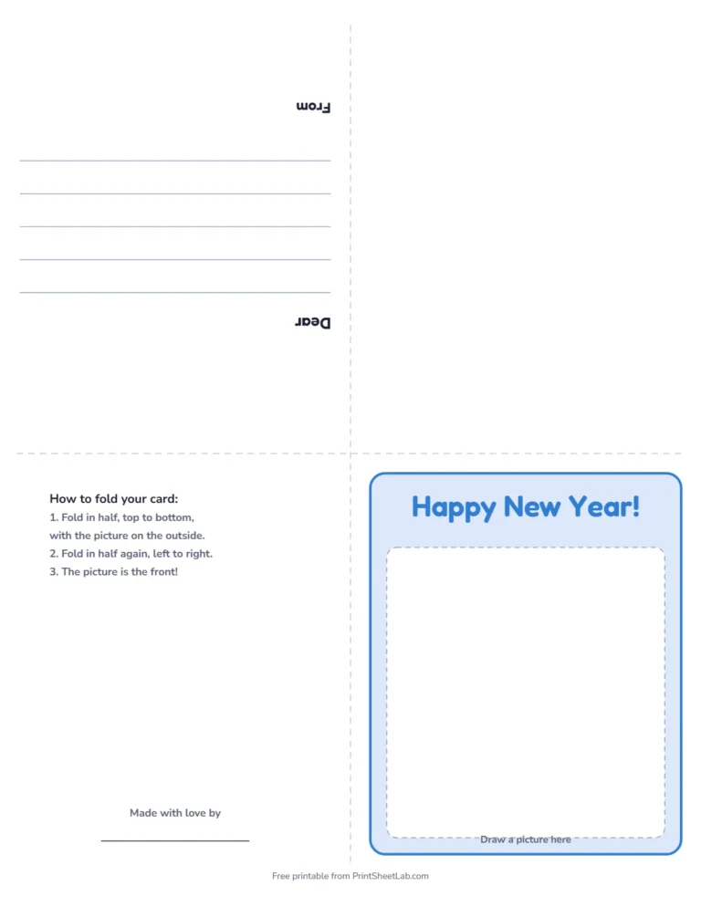 New Year card printable: a fold-up greeting card that says Happy New Year!