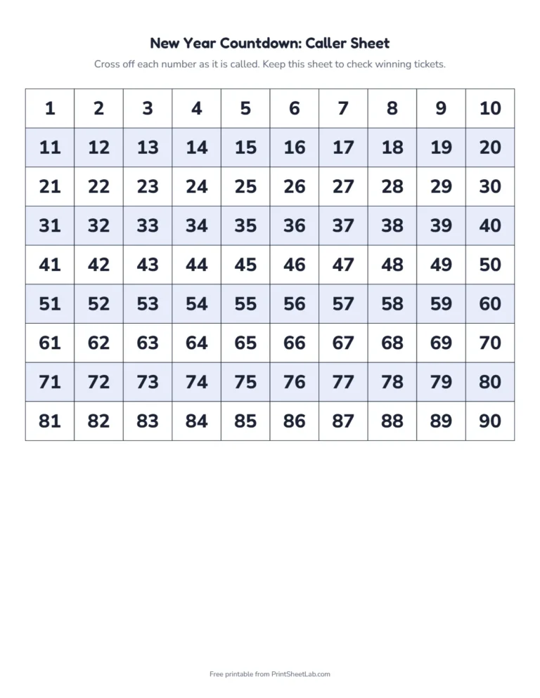New Year tambola caller sheet: a 1 to 90 number grid to cross off as you call