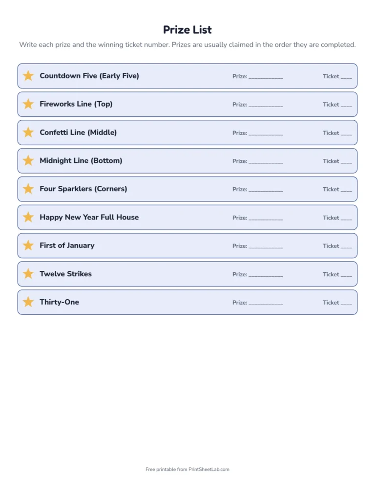 New Year tambola prize list with themed prize names and space for winners