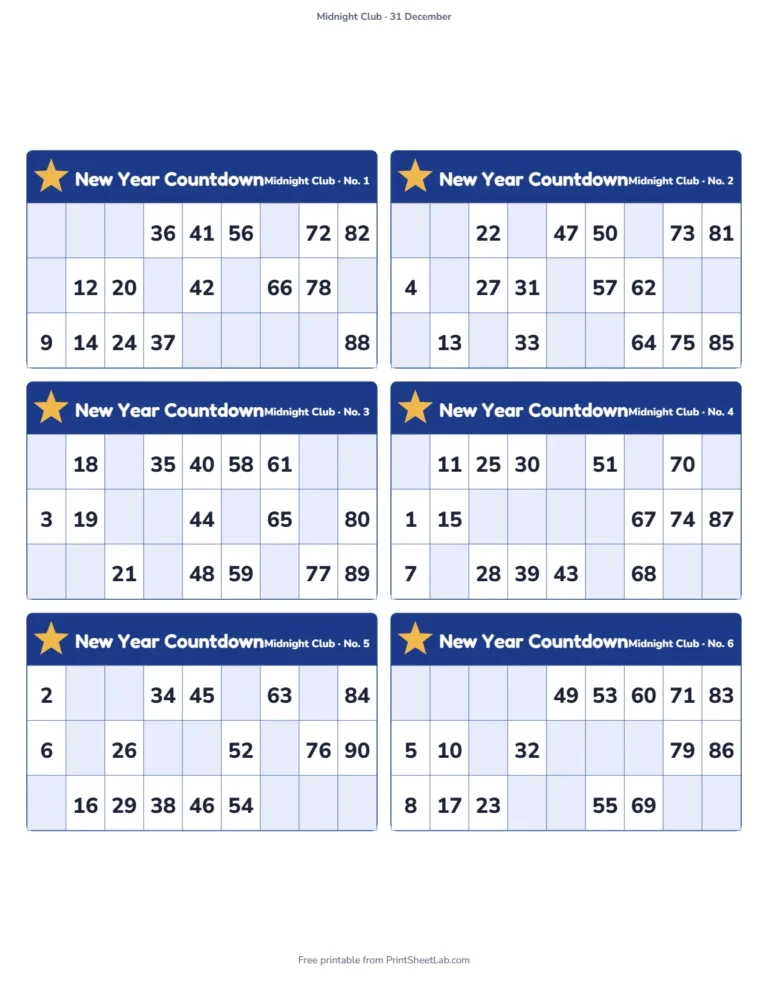 New year tambola: printable tickets titled New Year Countdown