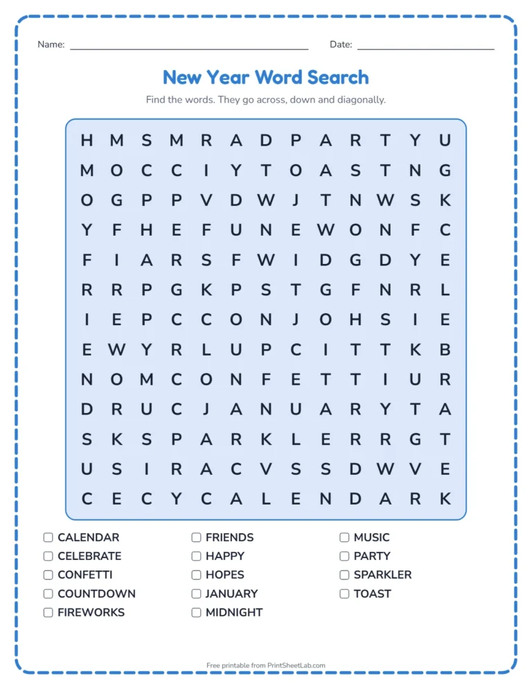 New year worksheets: word search printable with New Year words and a word list