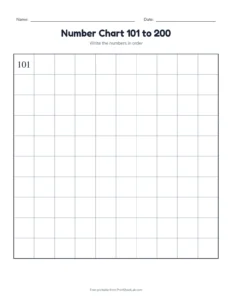 Fill in the number grid: 101 to 200 printable worksheet for grade 2