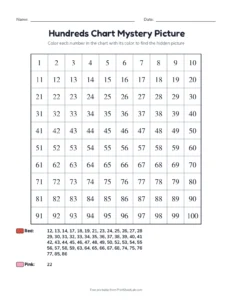 Mystery picture number grid: heart printable worksheet for kindergarten and grade 1