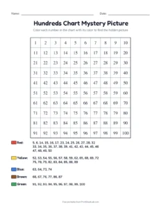 Mystery picture number grid: house printable worksheet for grades 1 and 2