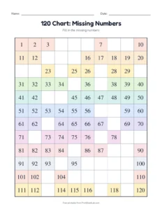 Number grid missing numbers to 120 printable worksheet for grade 1