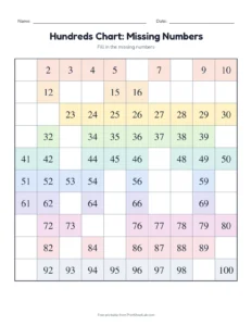 Number grid missing numbers: some printable worksheet for grade 1