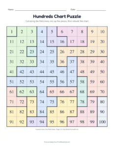 Number grid puzzle: 20 pieces printable worksheet for grades 1 and 2