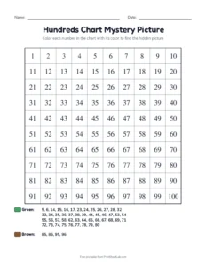 Mystery picture number grid: tree printable worksheet for grades 1 and 2