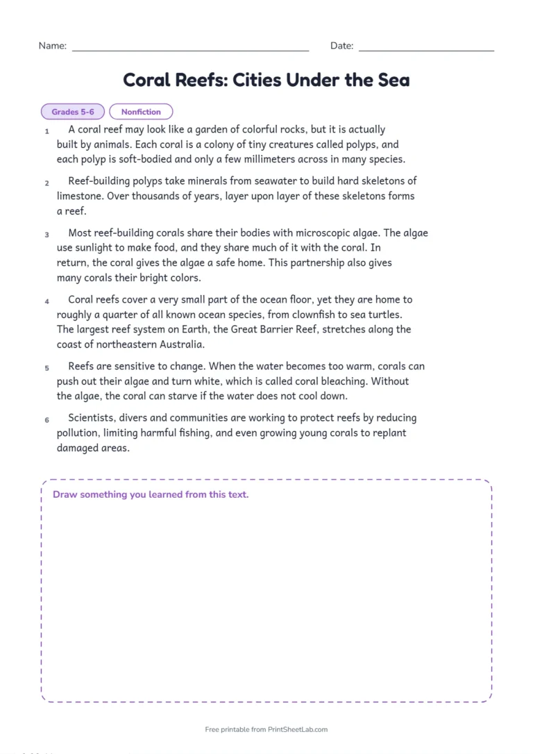 Nonfiction reading comprehension passage Coral Reefs: Cities Under the Sea on A4 paper
