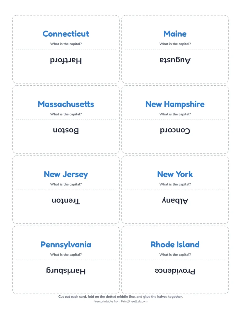Northeast capitals list as fold-over flash cards with the state on one side