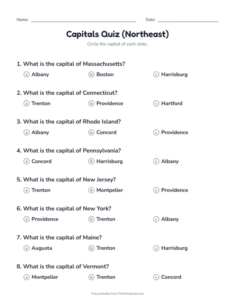 Northeast states worksheet: a multiple choice quiz on the capitals