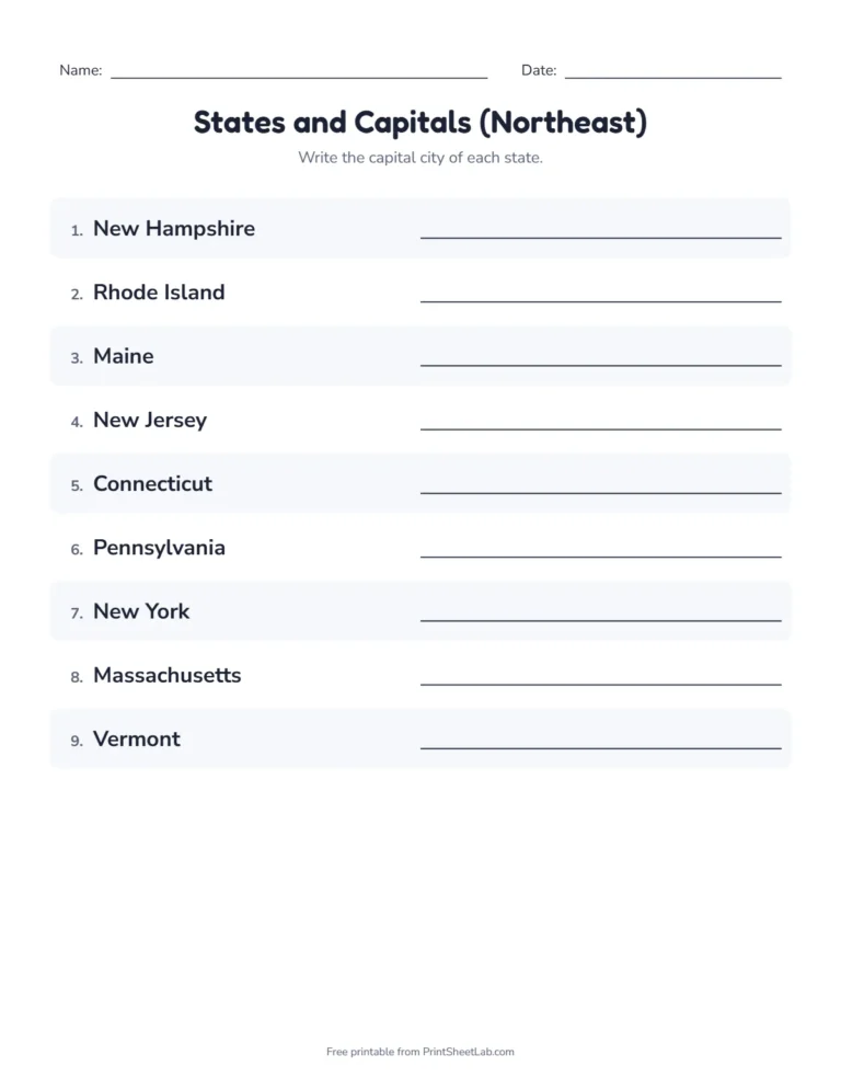Northeast states and capitals quiz: write the capital of each state, with an answer key