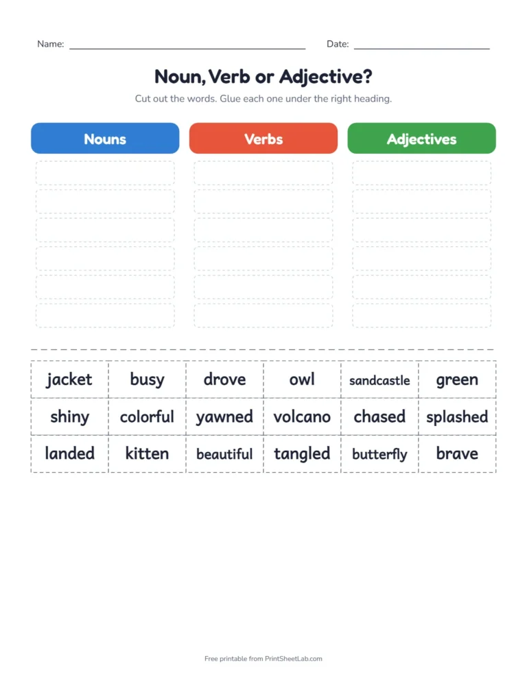 Verb worksheet for kids: cut out the words and sort them into nouns, verbs and adjectives