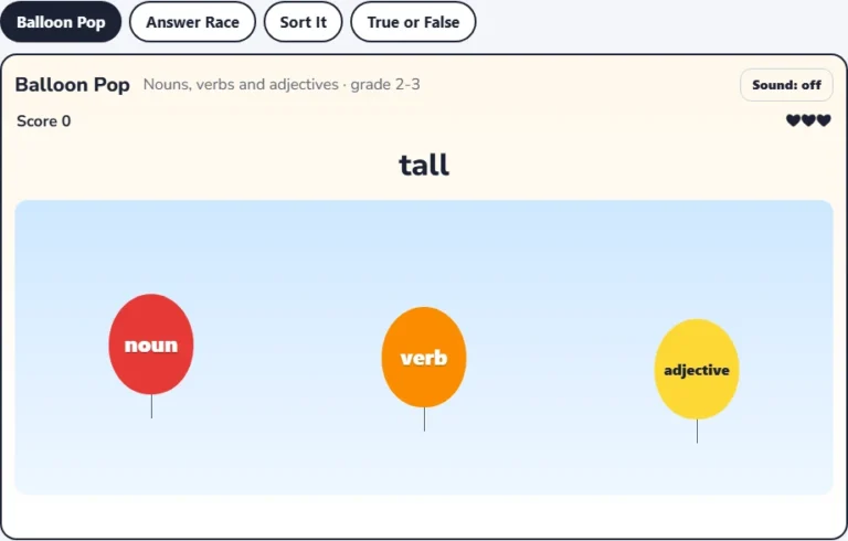 Parts of speech game Balloon Pop with the word tall and noun, verb and adjective balloons